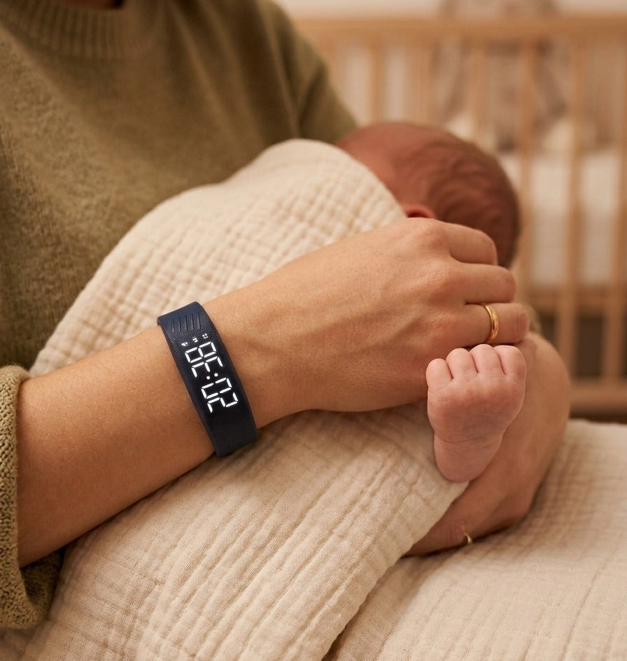 Bracelet réveil Neliosa au poignet d'une maman qui tient son nouveau-né