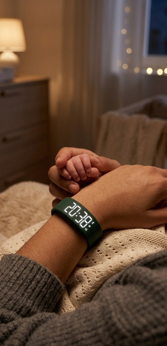 Bracelet réveil Neliosa la nuit, main de bébé