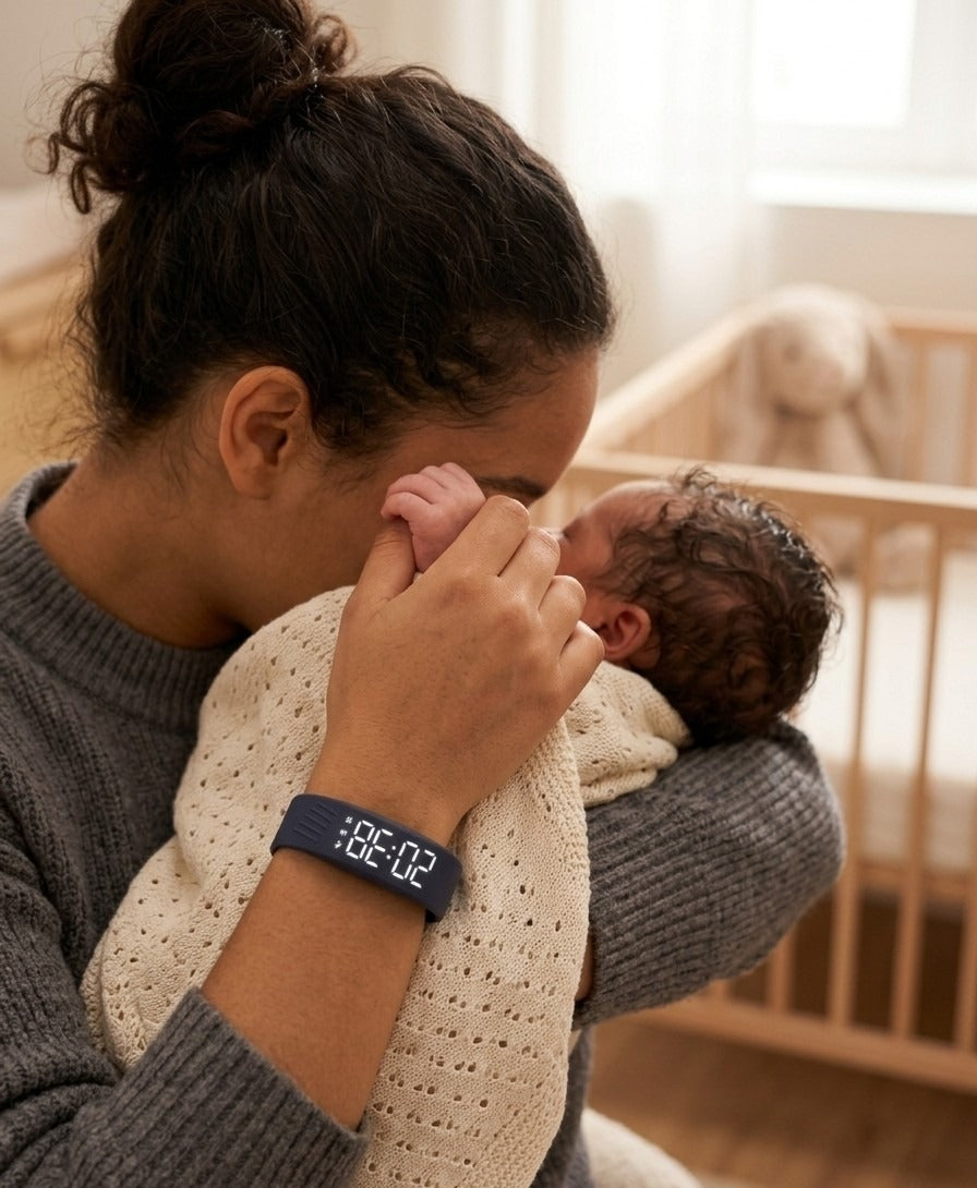 Jeune maman portant le bracelet réveil Neliosa avec son bébé
