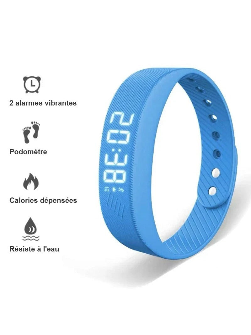Bracelet réveil vibrant Neliosa bleu : 2 alarmes, podomètre, calories